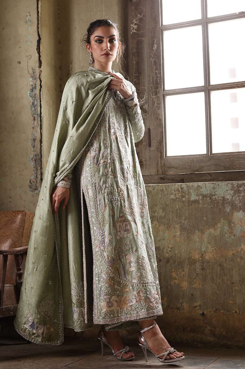 Pakistani Mint Green Zardozi Silk Jamawar Salwar Kameez (3-Piece) - Image 6