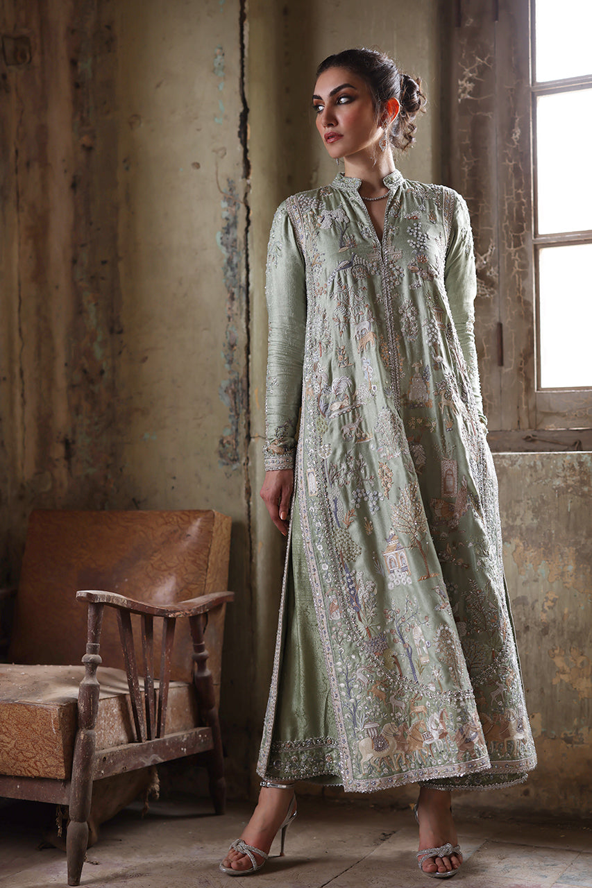 Pakistani Mint Green Zardozi Silk Jamawar Salwar Kameez (3-Piece) - Image 7