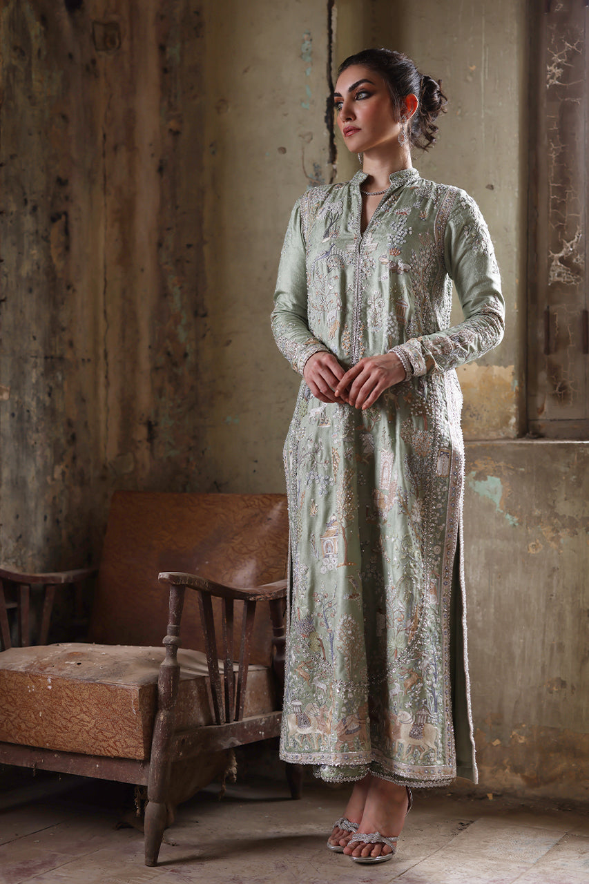 Pakistani Mint Green Zardozi Silk Jamawar Salwar Kameez (3-Piece) - Image 8