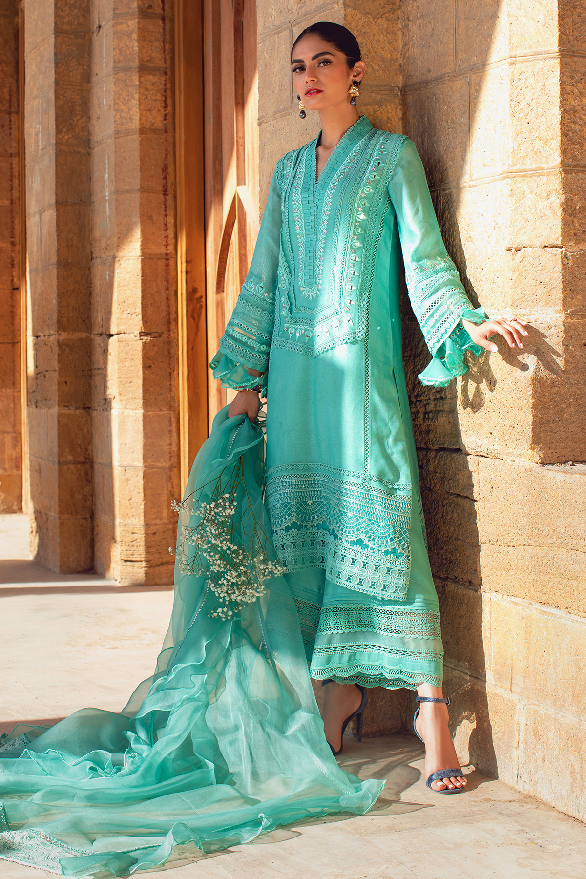 Aqua Green Embroidered Silk Net Salwar Kameez (3-Piece) - Image 1