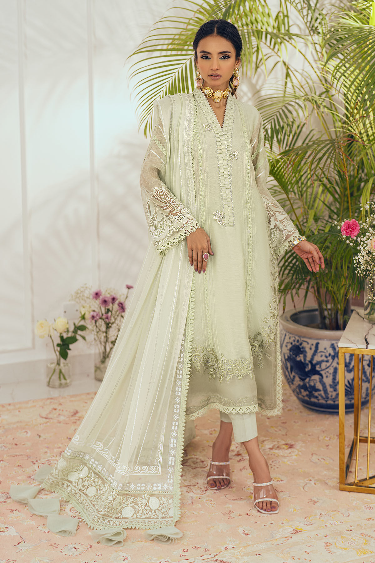 Pakistani Mint Embroidered Silk Net Salwar Kameez (3-Piece) - Image 1