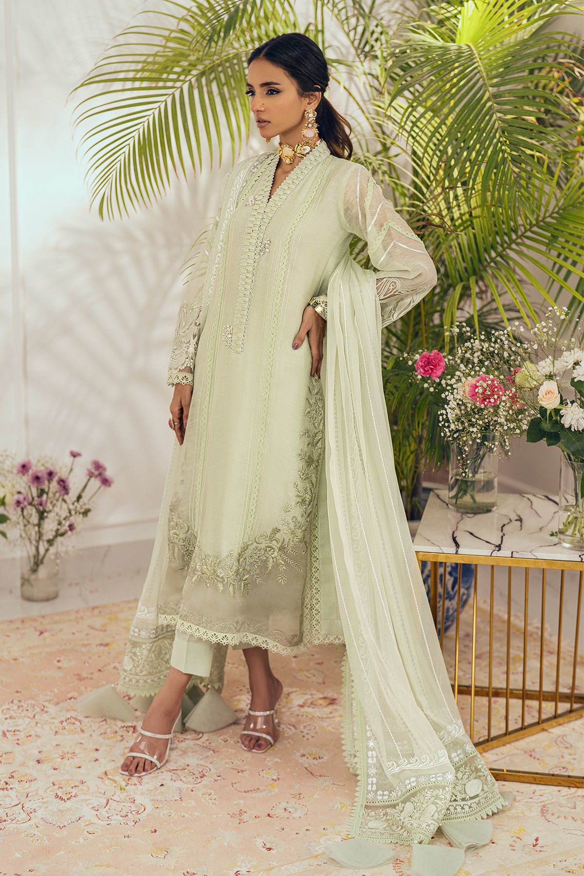 Pakistani Mint Embroidered Silk Net Salwar Kameez (3-Piece) - Image 2