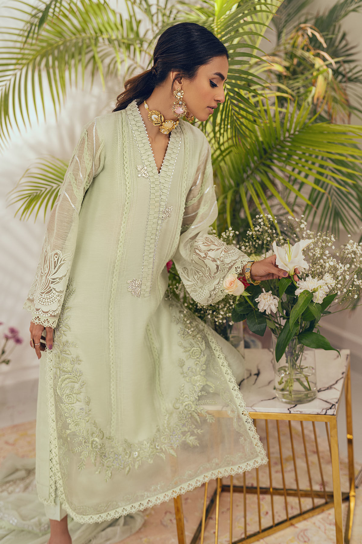 Pakistani Mint Embroidered Silk Net Salwar Kameez (3-Piece) - Image 3