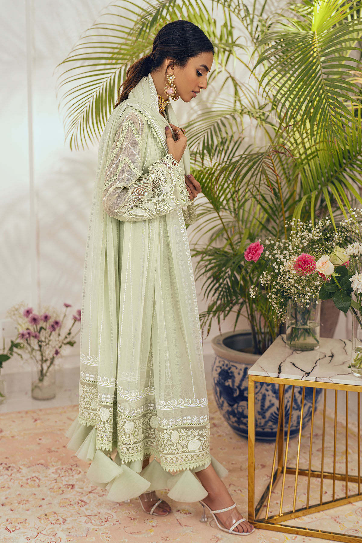 Pakistani Mint Embroidered Silk Net Salwar Kameez (3-Piece) - Image 4