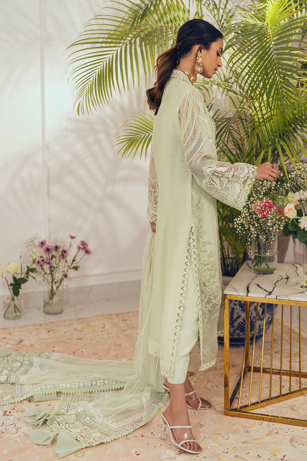 Pakistani Mint Embroidered Silk Net Salwar Kameez (3-Piece) - Image 5
