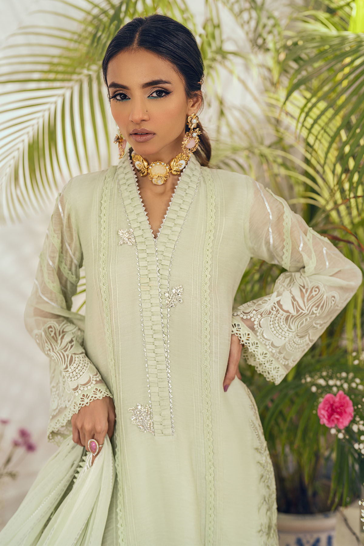 Pakistani Mint Embroidered Silk Net Salwar Kameez (3-Piece) - Image 6