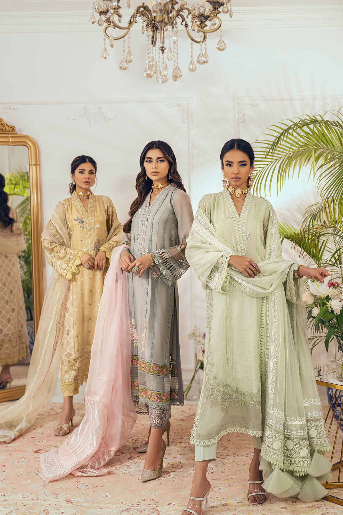 Pakistani Mint Embroidered Silk Net Salwar Kameez (3-Piece) - Image 7