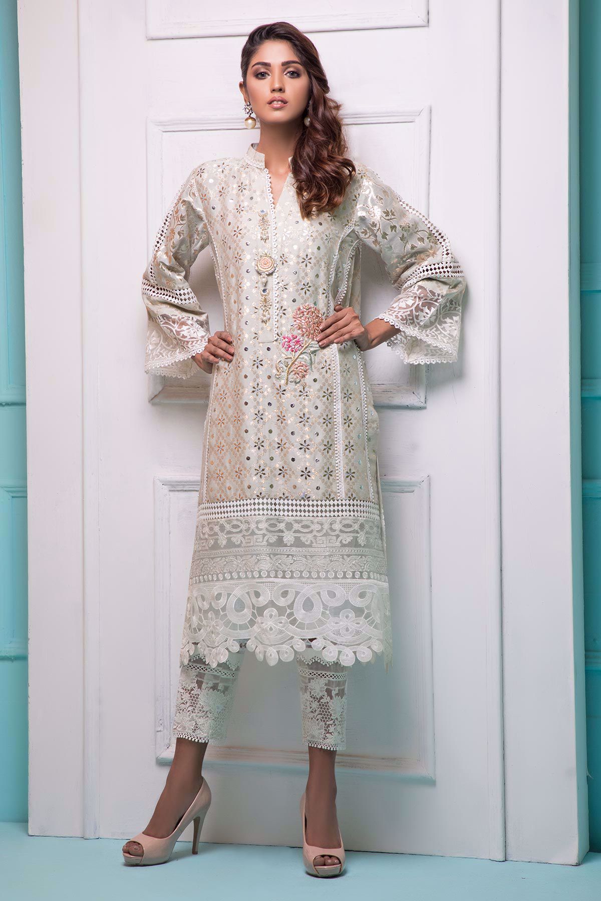 Pakistani Mint Kaamdani Silk Net Salwar Kameez (3-Piece) - Image 2