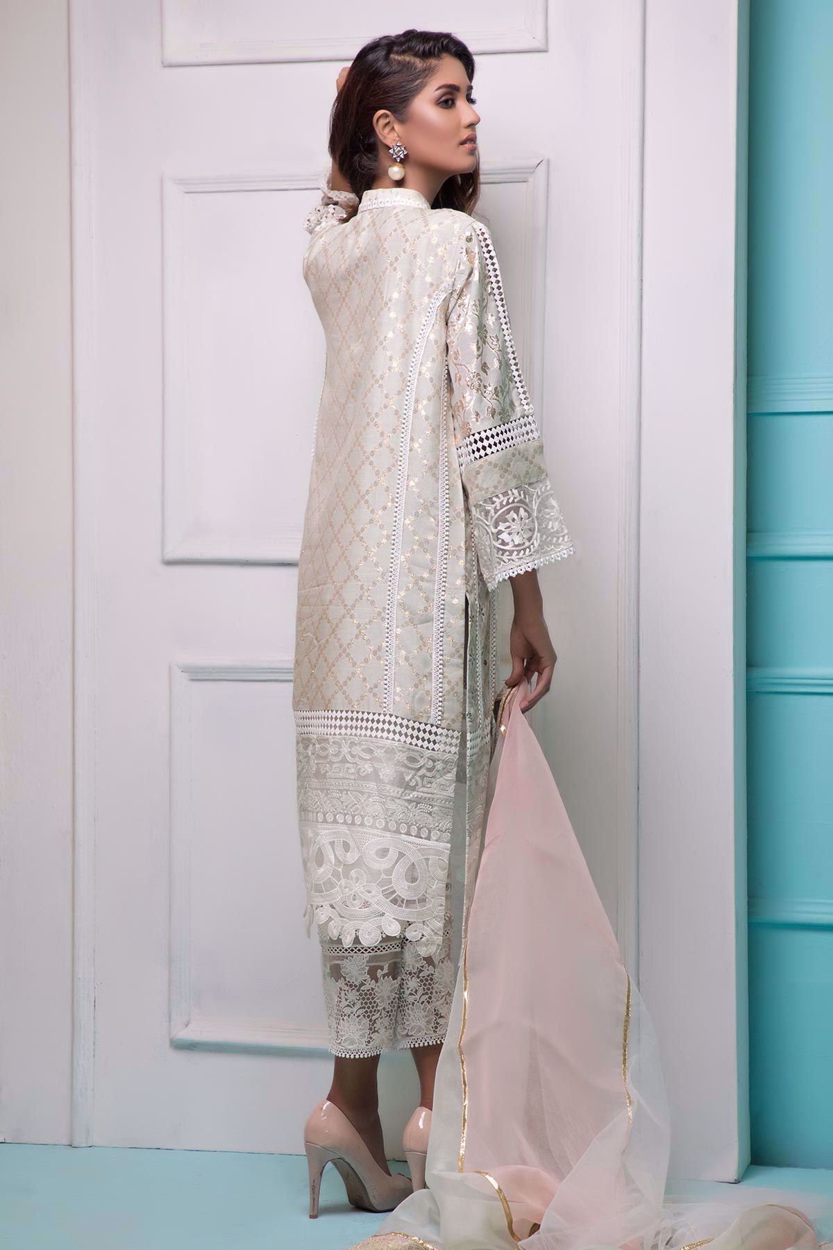 Pakistani Mint Kaamdani Silk Net Salwar Kameez (3-Piece) - Image 3