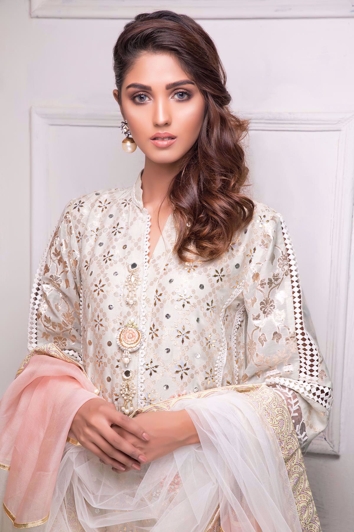 Pakistani Mint Kaamdani Silk Net Salwar Kameez (3-Piece) - Image 4