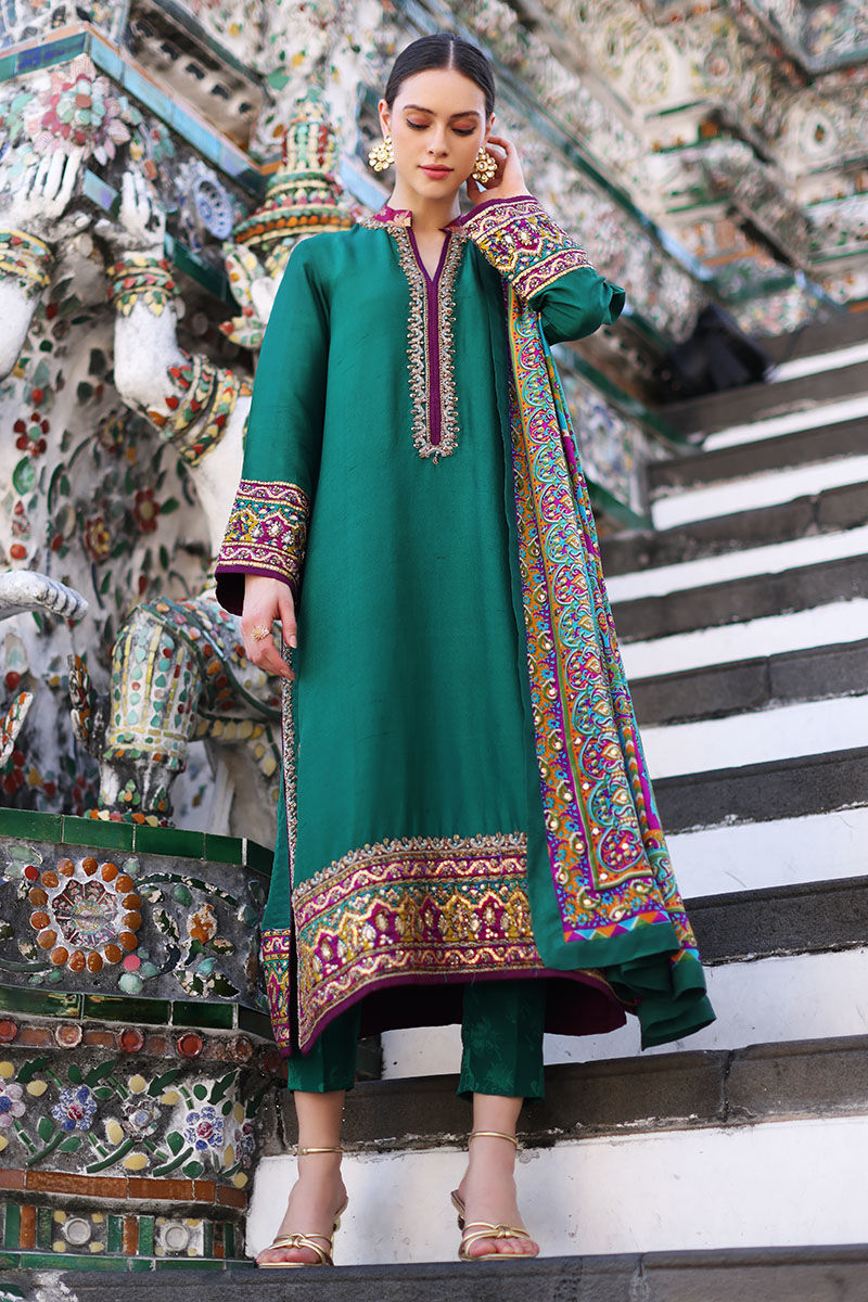 Bottle Green Embroidered Pure Silk Salwar Kameez (3-Piece) - Image 1