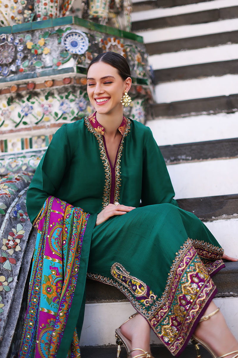 Bottle Green Embroidered Pure Silk Salwar Kameez (3-Piece) - Image 2