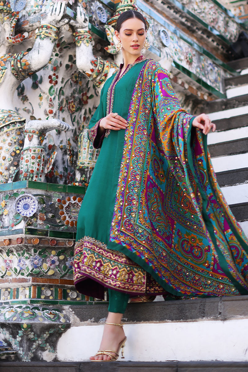 Bottle Green Embroidered Pure Silk Salwar Kameez (3-Piece) - Image 3