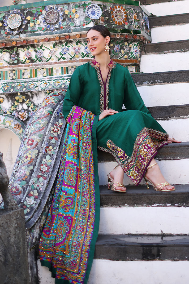 Bottle Green Embroidered Pure Silk Salwar Kameez (3-Piece) - Image 4