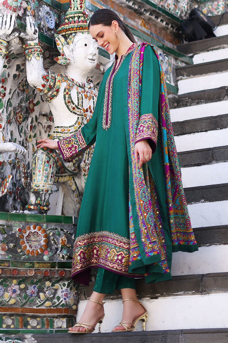 Bottle Green Embroidered Pure Silk Salwar Kameez (3-Piece) - Image 5