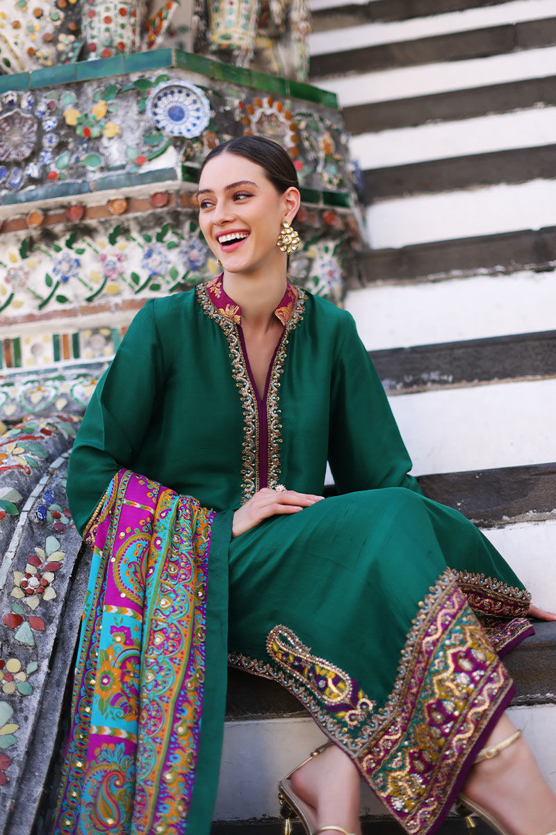 Bottle Green Embroidered Pure Silk Salwar Kameez (3-Piece) - Image 6