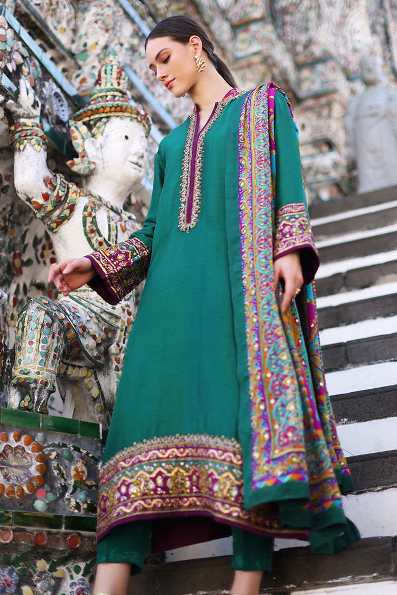 Bottle Green Embroidered Pure Silk Salwar Kameez (3-Piece) - Image 7