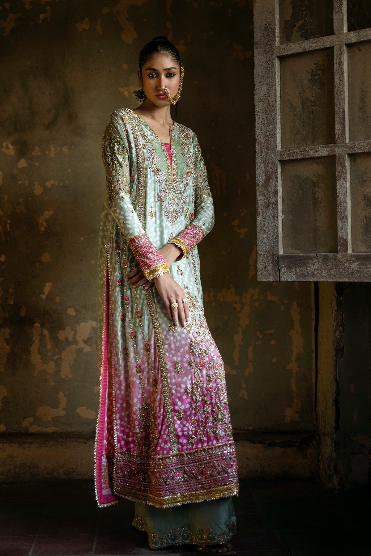 Pakistani Sea Green Embellished Silk Chunri Kameez (3-Piece) - Image 1