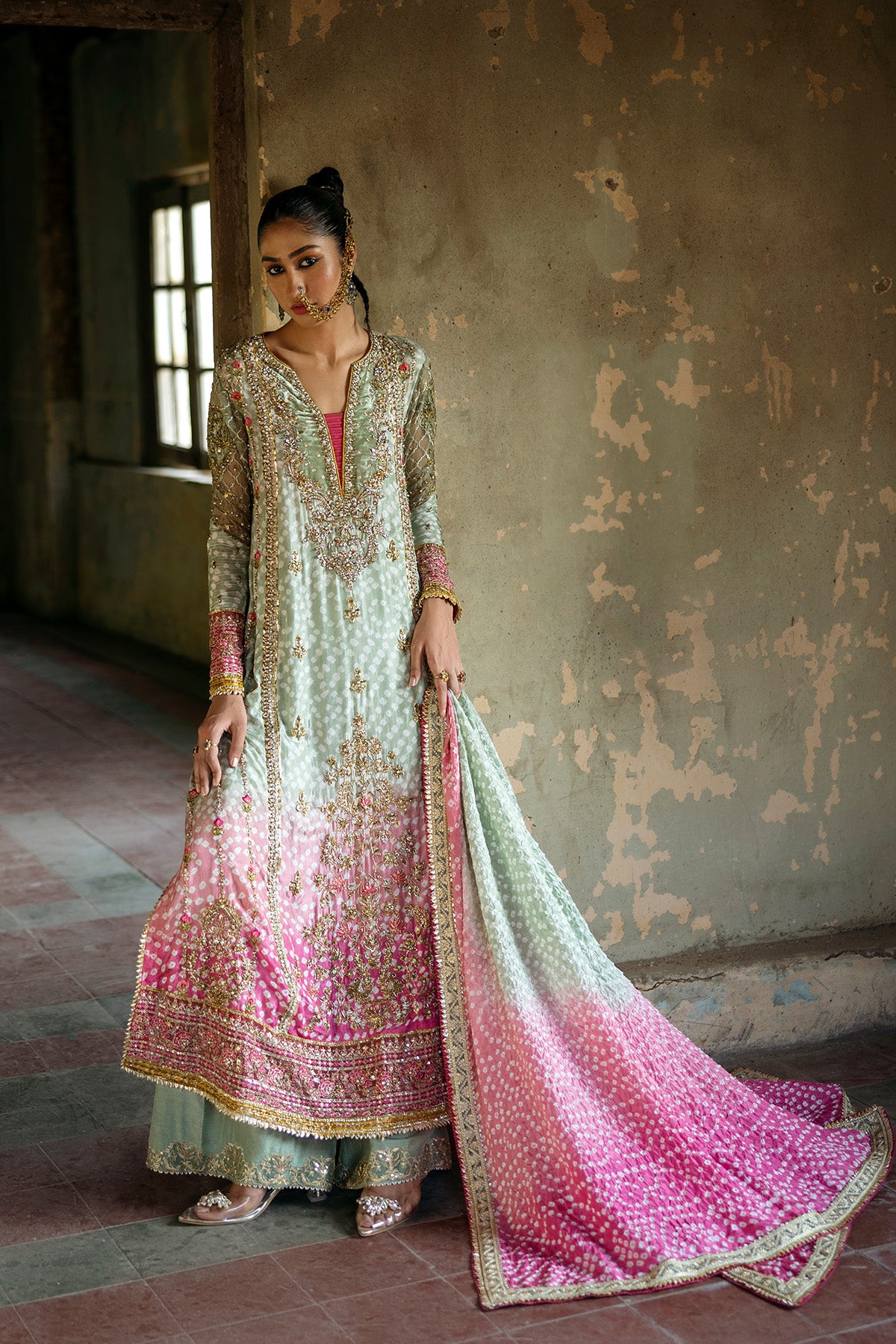 Pakistani Sea Green Embellished Silk Chunri Kameez (3-Piece) - Image 4