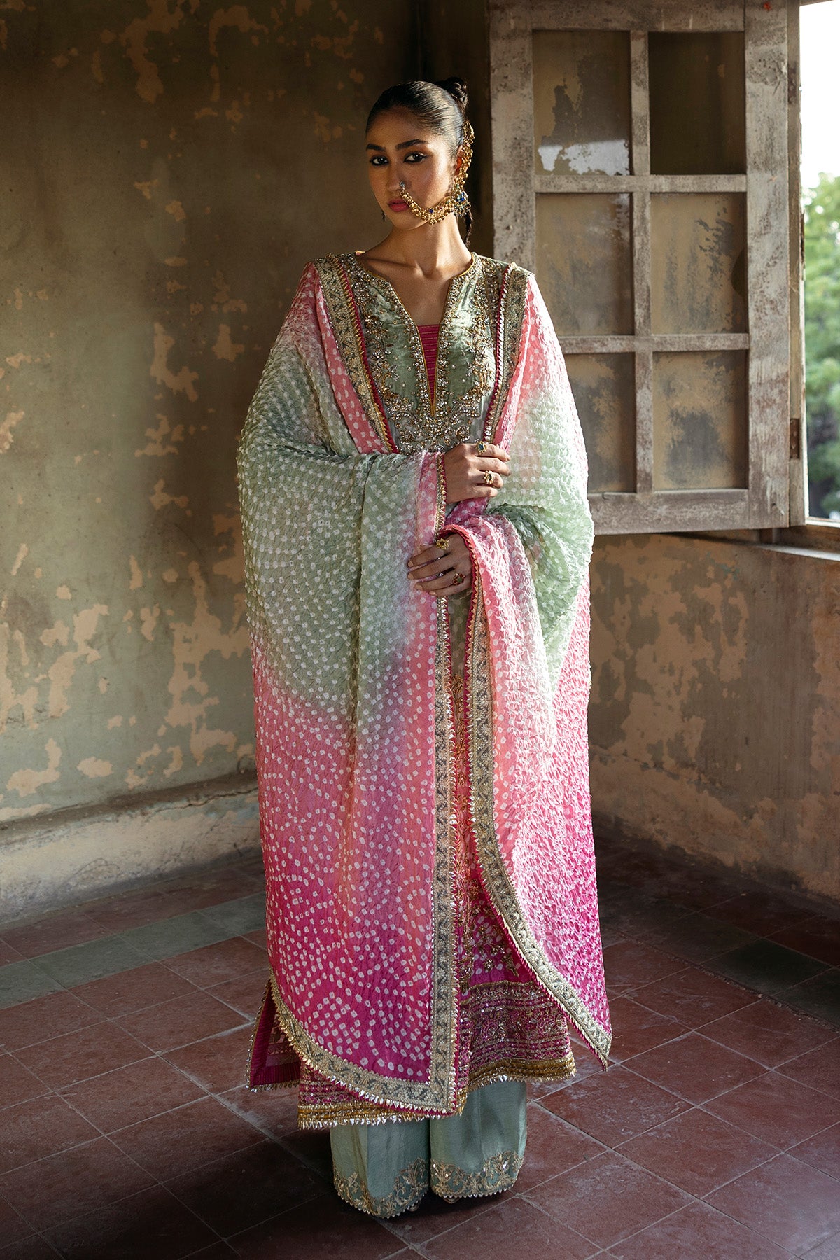 Pakistani Sea Green Embellished Silk Chunri Kameez (3-Piece) - Image 5