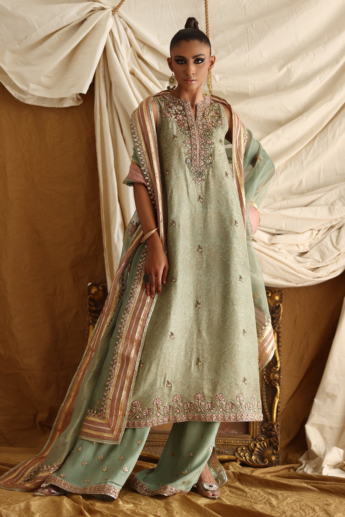 Mint Green Zardozi Silk Salwar Kameez (3-Piece) - Image 1