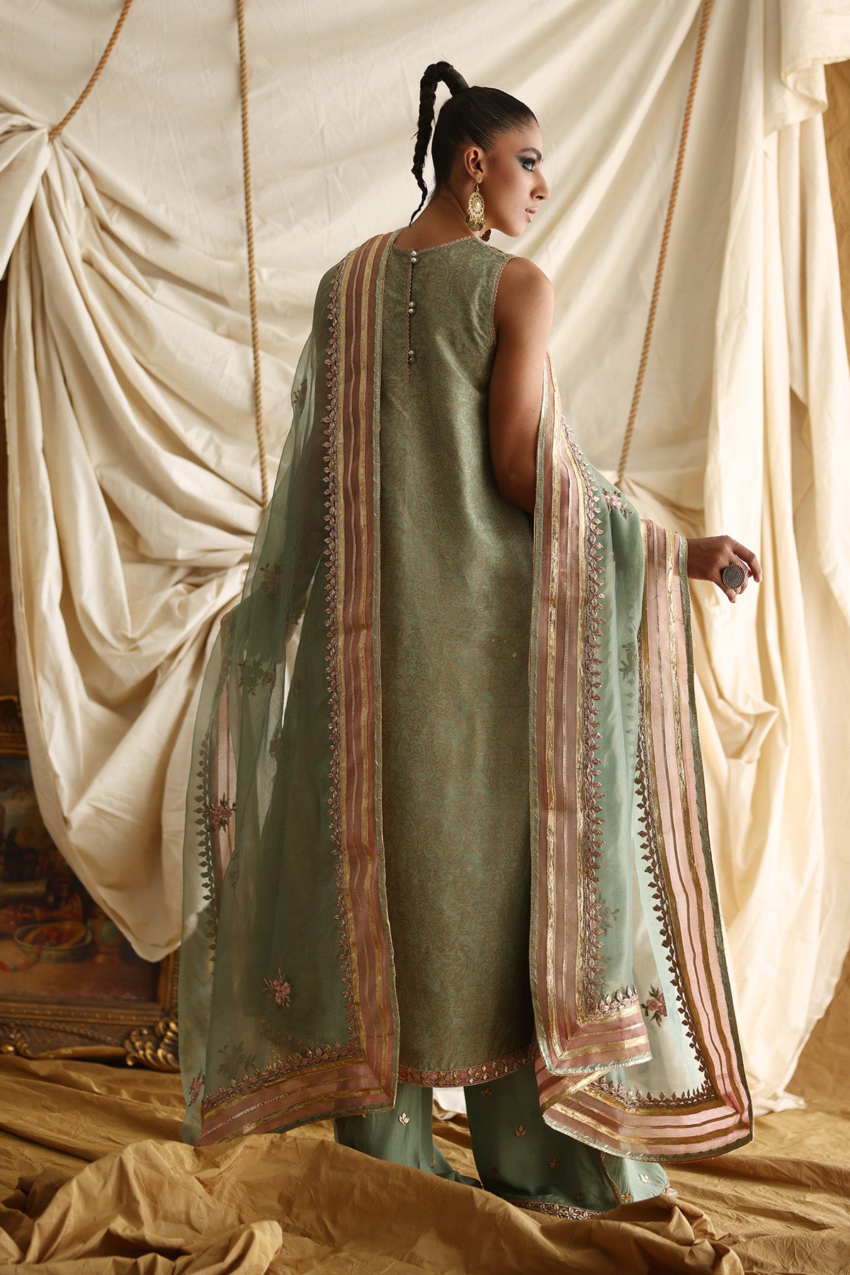 Mint Green Zardozi Silk Salwar Kameez (3-Piece) - Image 2