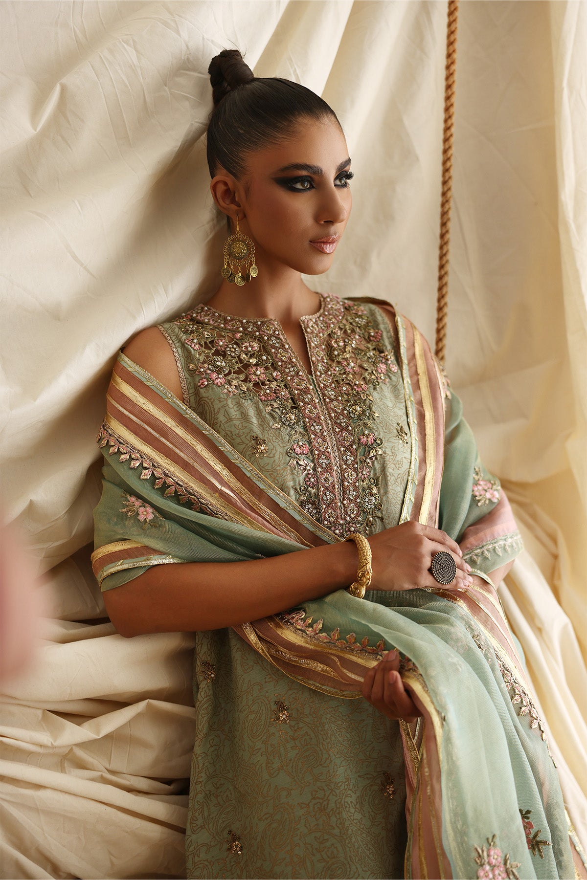 Mint Green Zardozi Silk Salwar Kameez (3-Piece) - Image 3