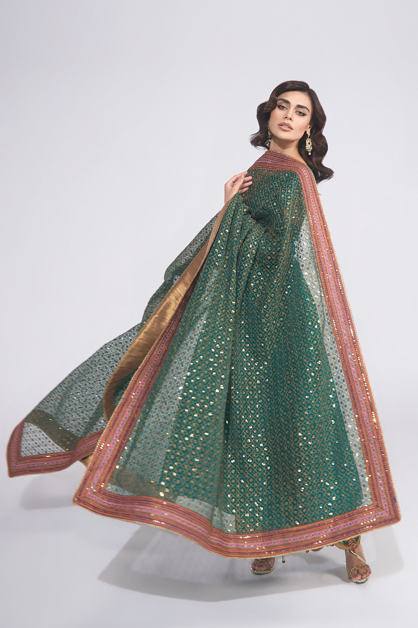 Pakistani Bottle Green Zardozi Pure Silk Salwar Kameez (3-Piece) - Image 3