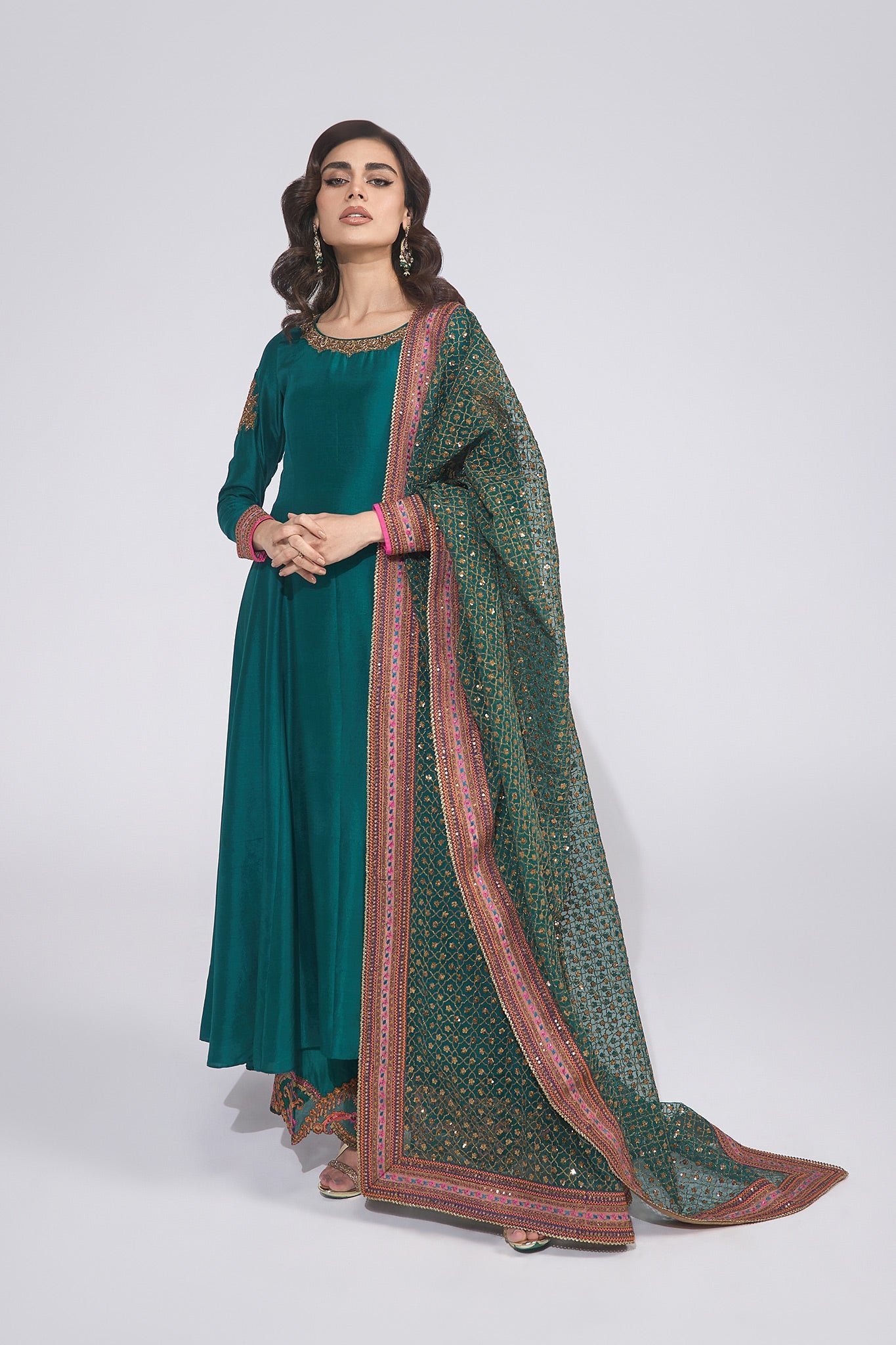 Pakistani Bottle Green Zardozi Pure Silk Salwar Kameez (3-Piece) - Image 5