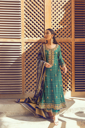 Pakistani Emerald Green Zardozi Silk Long Shirt (3-Piece) - Image 1