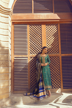 Pakistani Emerald Green Zardozi Silk Long Shirt (3-Piece) - Image 3
