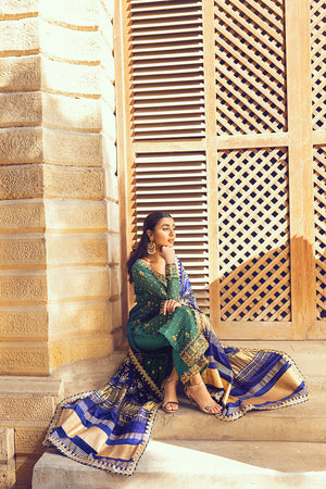 Pakistani Emerald Green Zardozi Silk Long Shirt (3-Piece) - Image 4