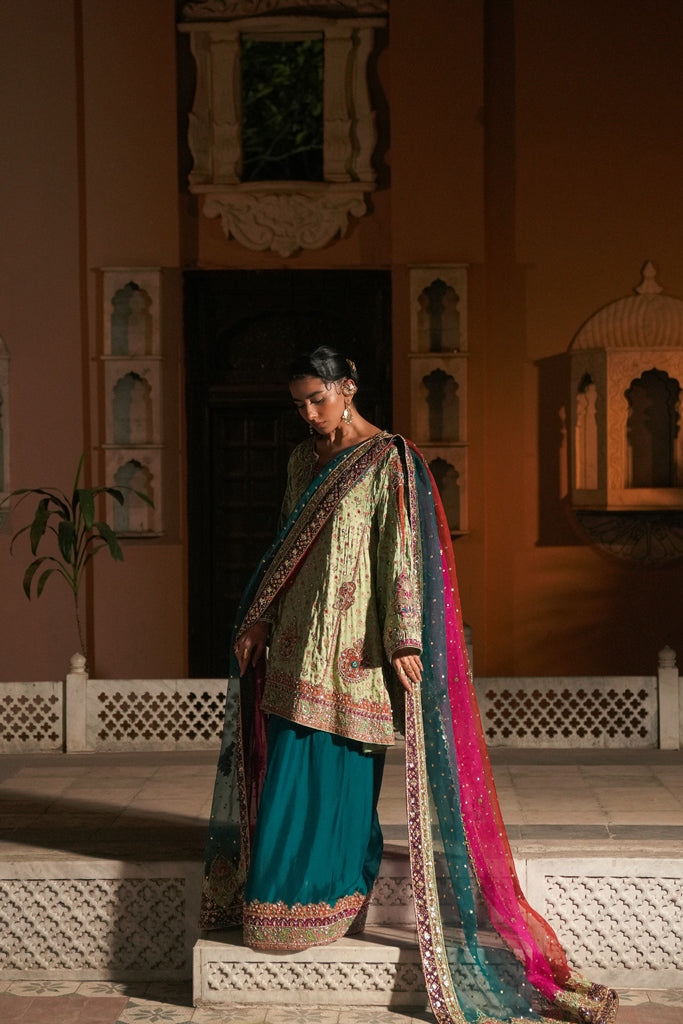 Pakistani Mint Zardozi Pure Silk Short Chogha (3-Piece) - Image 4