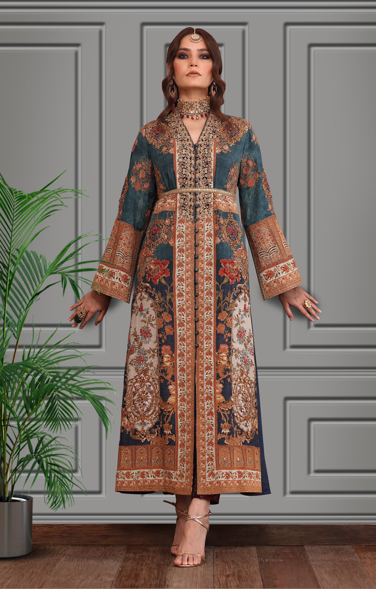 Teal Zardozi Embroidered Silk Long Jacket (2-Piece) - Image 1
