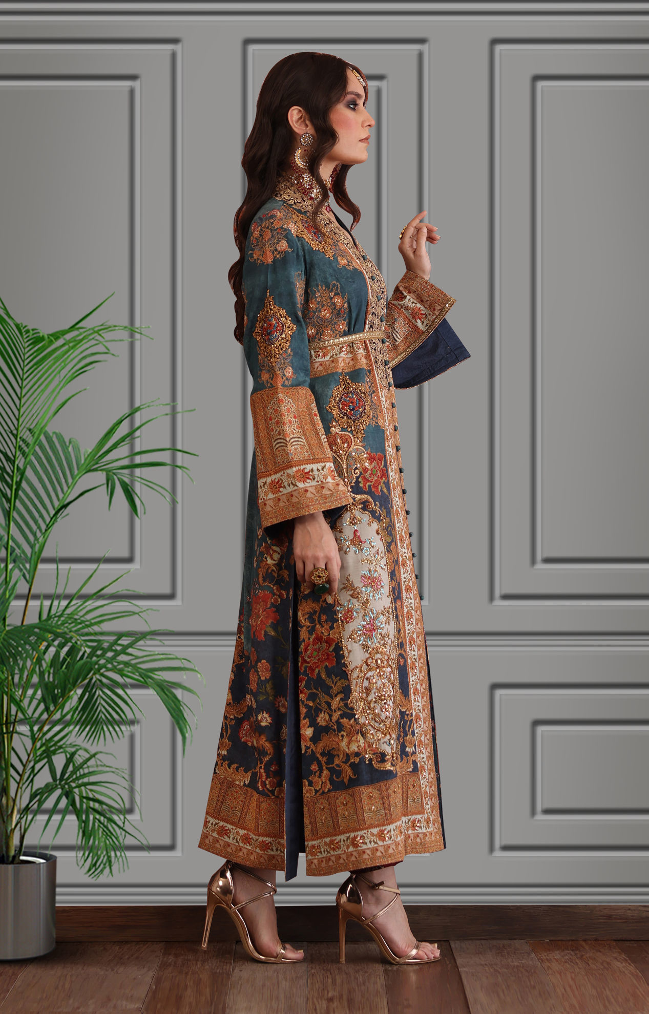 Teal Zardozi Embroidered Silk Long Jacket (2-Piece) - Image 2
