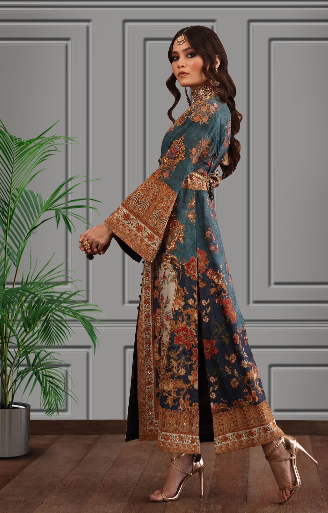 Teal Zardozi Embroidered Silk Long Jacket (2-Piece) - Image 3