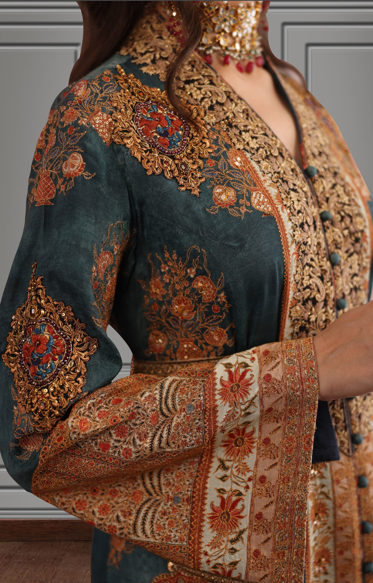 Teal Zardozi Embroidered Silk Long Jacket (2-Piece) - Image 5