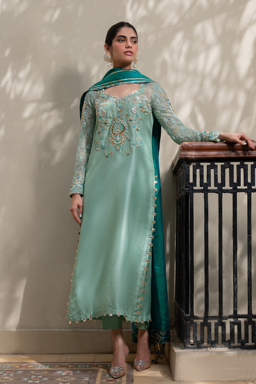 Seafoam Zardozi Silk Salwar Kameez (3-Piece) - Image 1