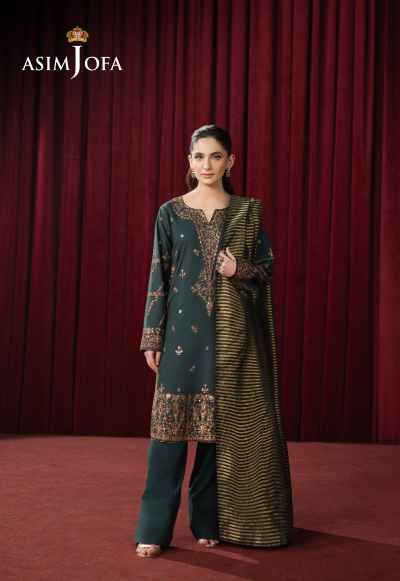 Pakistani Dark Green Embroidered Silk 3-Piece Suit - Image 1
