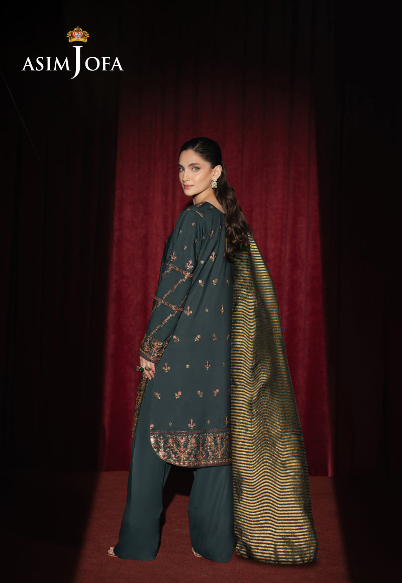 Pakistani Dark Green Embroidered Silk 3-Piece Suit - Image 2