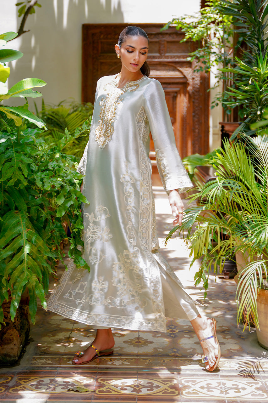 Celadon Aari Embroidered Tissue & Raw Silk A-Line Shirt (2-Piece) - Image 10