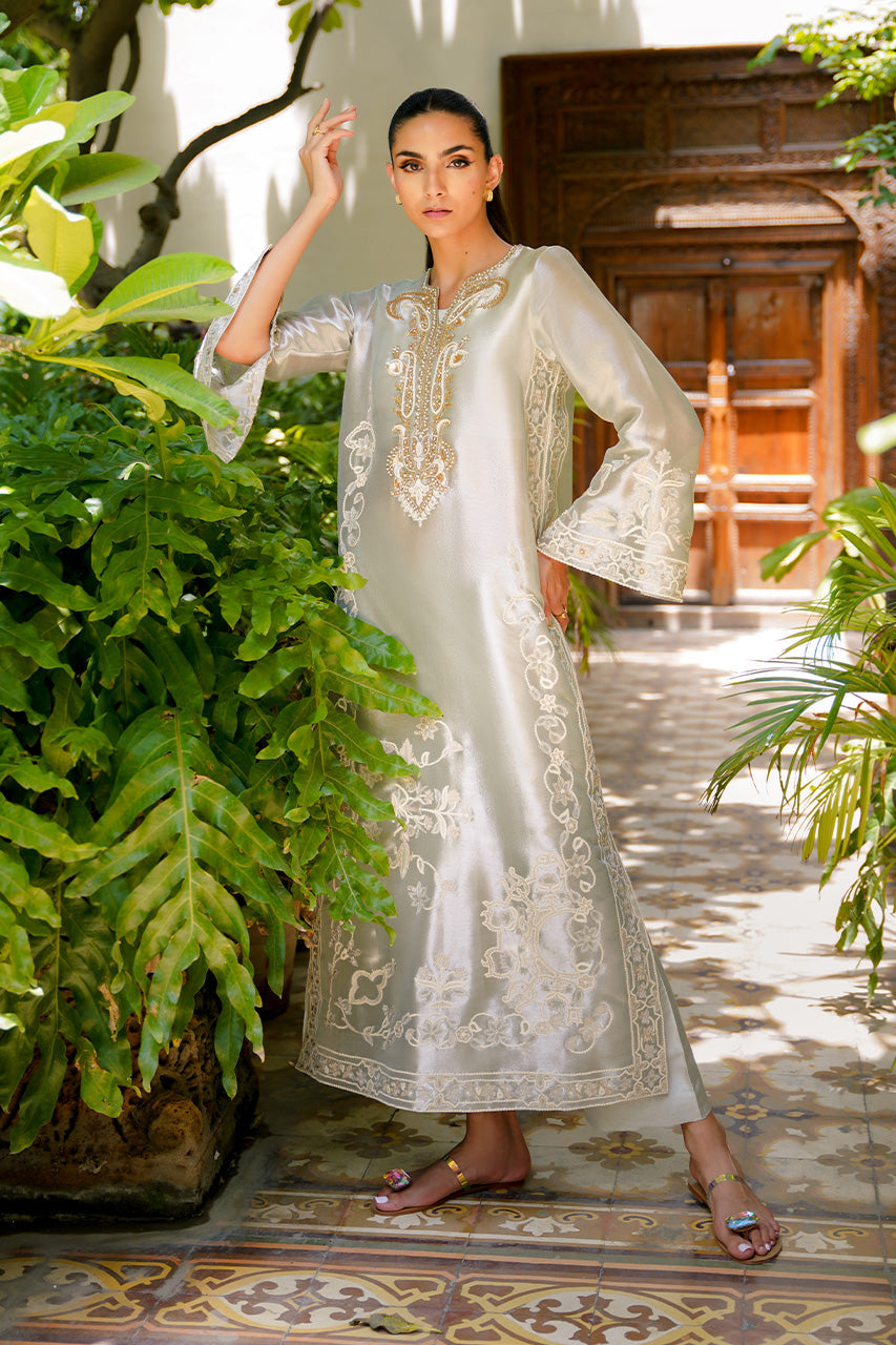 Celadon Aari Embroidered Tissue & Raw Silk A-Line Shirt (2-Piece) - Image 11