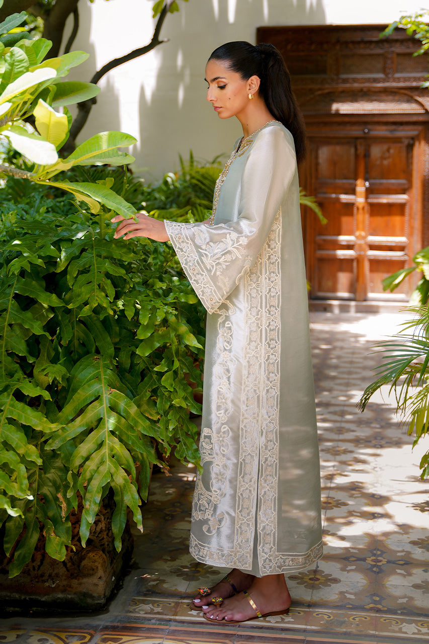 Celadon Aari Embroidered Tissue & Raw Silk A-Line Shirt (2-Piece) - Image 2