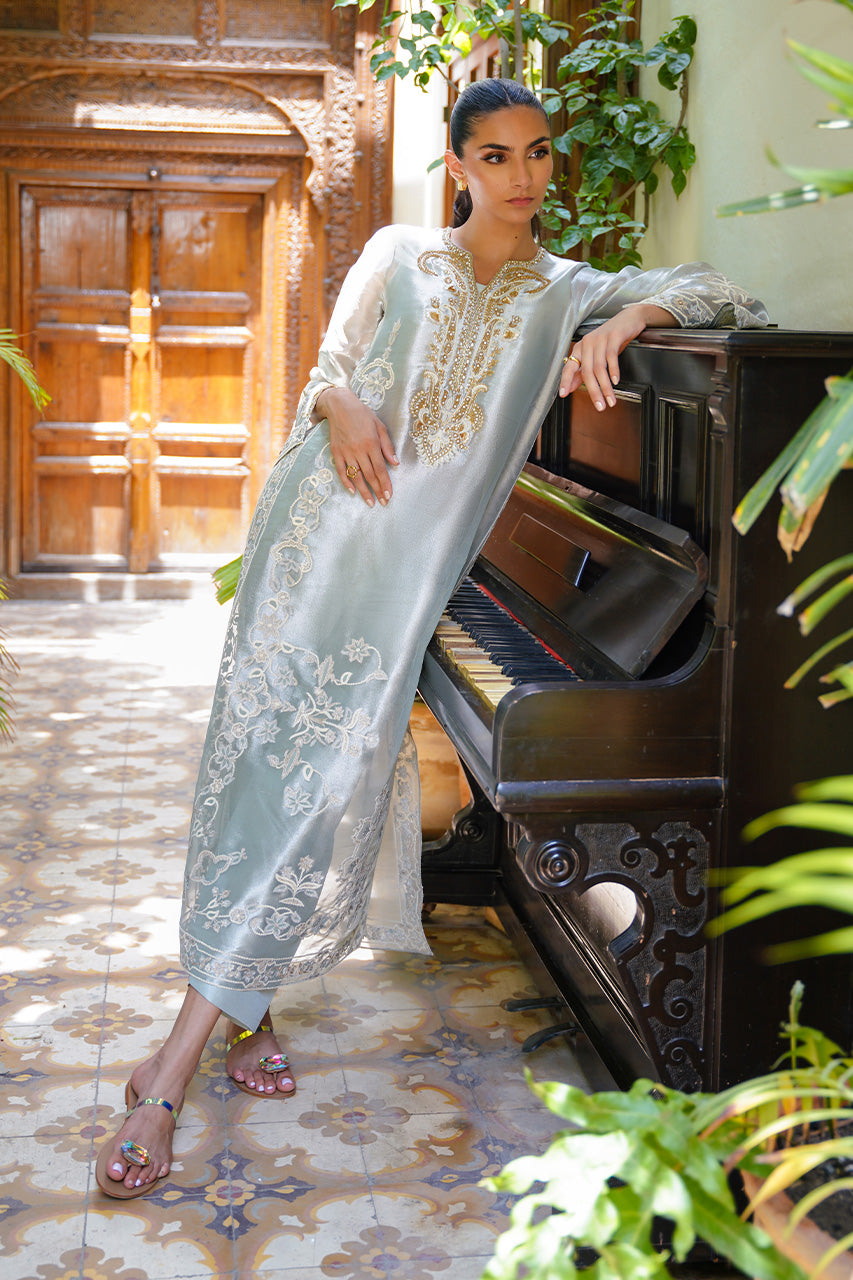 Celadon Aari Embroidered Tissue & Raw Silk A-Line Shirt (2-Piece) - Image 3