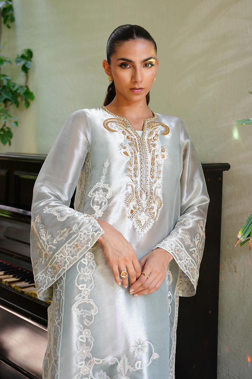 Celadon Aari Embroidered Tissue & Raw Silk A-Line Shirt (2-Piece) - Image 4