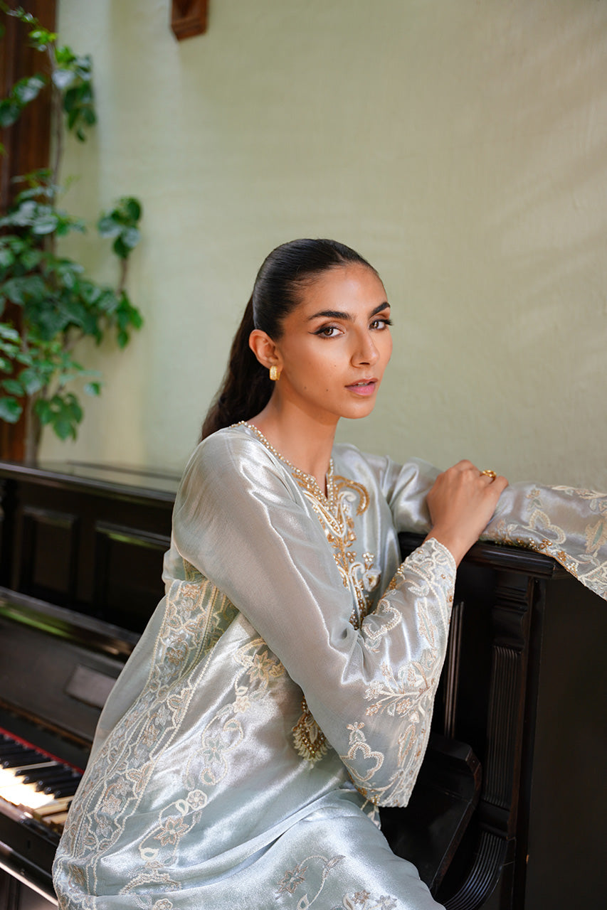 Celadon Aari Embroidered Tissue & Raw Silk A-Line Shirt (2-Piece) - Image 5