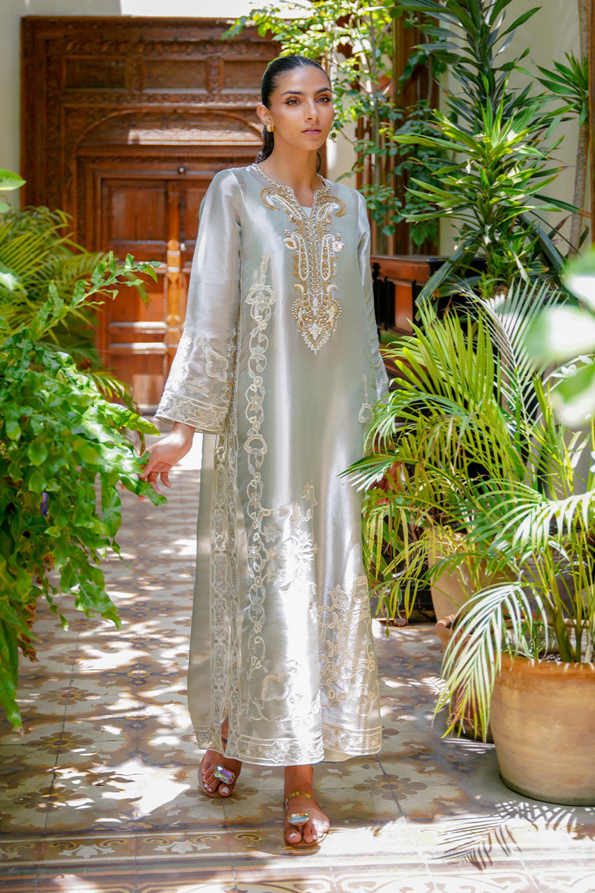 Celadon Aari Embroidered Tissue & Raw Silk A-Line Shirt (2-Piece) - Image 6