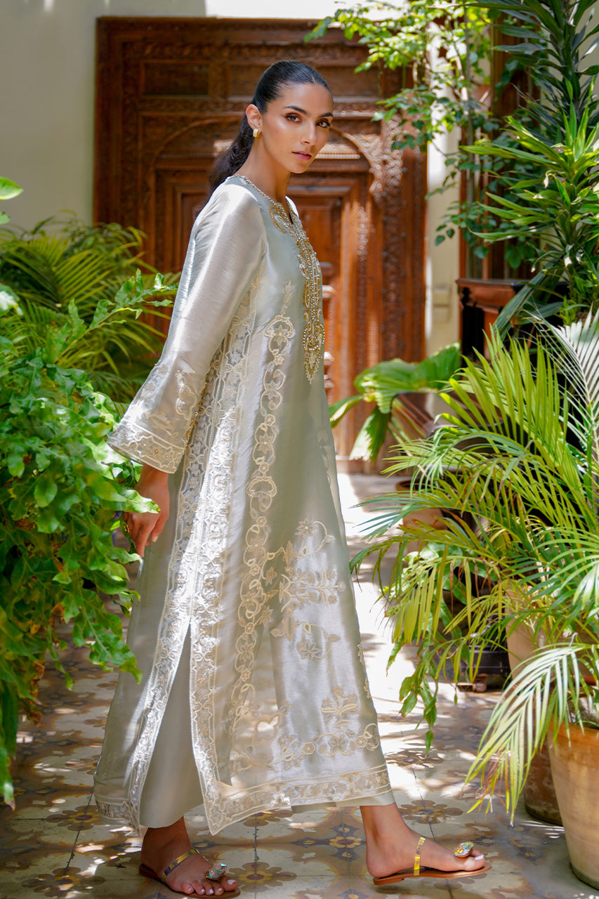 Celadon Aari Embroidered Tissue & Raw Silk A-Line Shirt (2-Piece) - Image 7