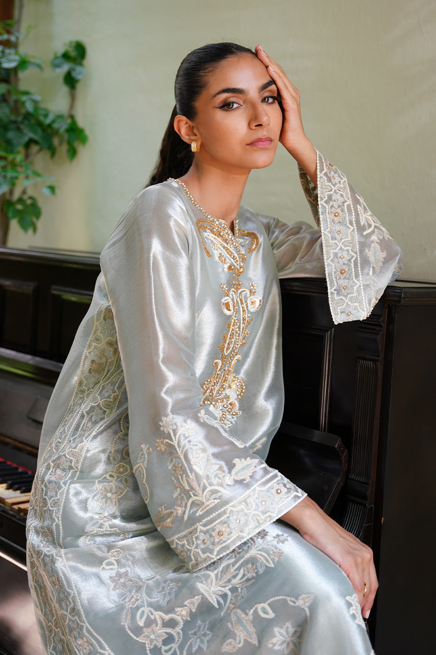 Celadon Aari Embroidered Tissue & Raw Silk A-Line Shirt (2-Piece) - Image 8