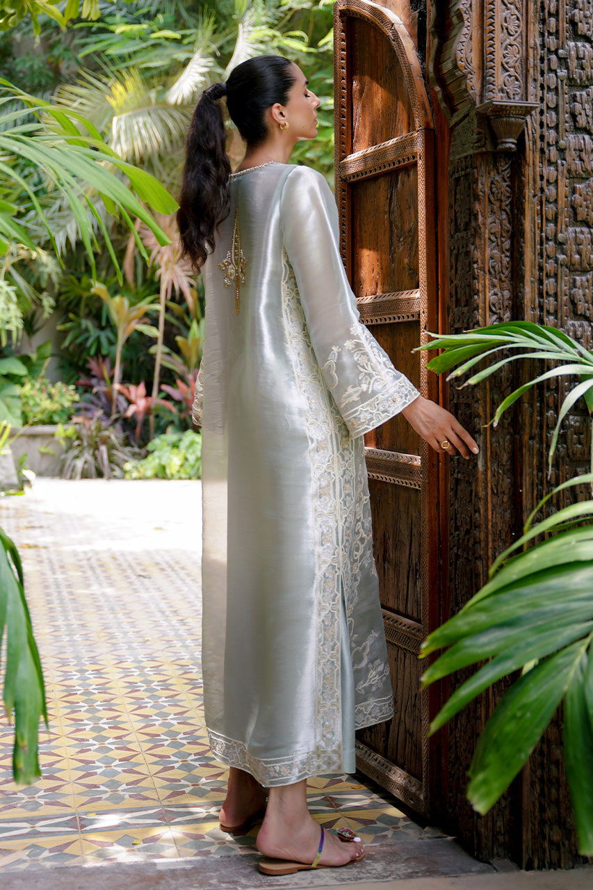 Celadon Aari Embroidered Tissue & Raw Silk A-Line Shirt (2-Piece) - Image 9